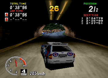SEGA Rally Championship (SEGA Saturn) screenshot: Going through a tunnel.