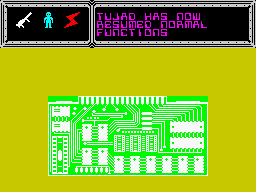 TUJAD (ZX Spectrum) screenshot: The new constructed <i>Emotion Damper Systems (EDS)</i> was inserted in the main processor. "TUJAD has resumed normal functions".