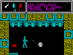 TUJAD (ZX Spectrum) screenshot: All the pieces needed for the construction of a new <i>Emotion Damper Systems (EDS)</i> were gathered.