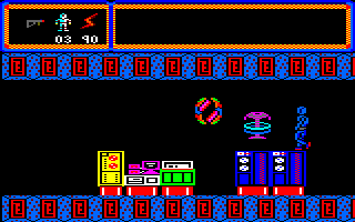 TUJAD (Amstrad CPC) screenshot: Facing two <i>Auto Patrol IV</i> guards.