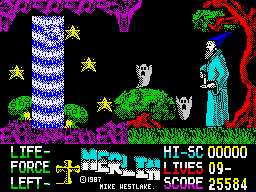 Merlin (ZX Spectrum) screenshot: Waterfall in a cave.