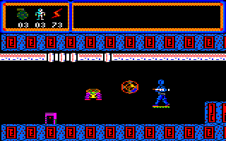 TUJAD (Amstrad CPC) screenshot: Some of these type <i>Auto Patrol IV</i> guards can be avoided and therefore ammunition is can be spared.