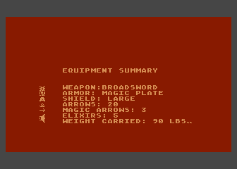 Dunjonquest: Morloc's Tower (Atari 8-bit) screenshot: Equipment summary