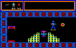 TUJAD (Amstrad CPC) screenshot: A new access to a different area of the reactor is blocked by an <i>Auto Patrol IV</i> guard.