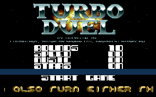 Turbo Duel (Amiga) screenshot: The title screen. There's a very long message from the author's which scrolls along the bottom of the screen