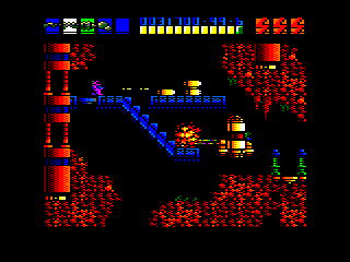 Rex (Amstrad CPC) screenshot: The ultimate weapon is about to be acquired. For the moment the weapon in possession fires a concentrated pack of laser beams.