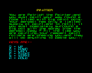 Painter (ZX Spectrum) screenshot: Story and keys.