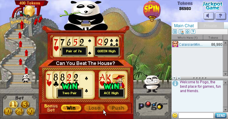 Panda Pai Gow Poker (Browser) screenshot: Not only have I won, but I've guessed the outcome correctly.