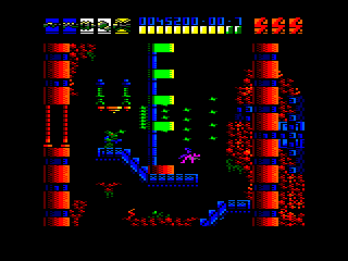 Rex (Amstrad CPC) screenshot: The ultimate weapon almost at its full power. Mega blasts dispersed in many shapes depending on the upgrade. An elevator at the centre.