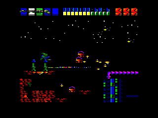 Rex (Amstrad CPC) screenshot: Another checkpoint. These entities release multiple small flying bombs.