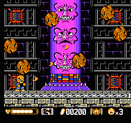 Mitsume ga Tōru (NES) screenshot: The third boss summons floating boulders that you have to destroy before it starts charging them to you