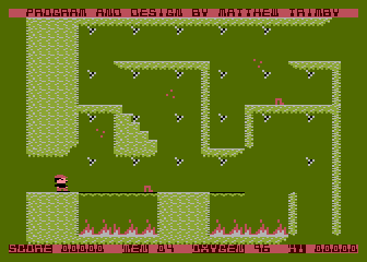 Crystal Raider (Atari 8-bit) screenshot: Screen 2 - notice the multiple exits, and on-off barriers from the fire