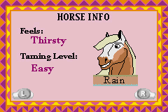 Spirit: Stallion of the Cimarron (Game Boy Advance) screenshot: Horse information screen