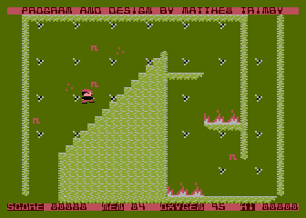 Crystal Raider (Atari 8-bit) screenshot: You move up the steps, avoiding the mined ones