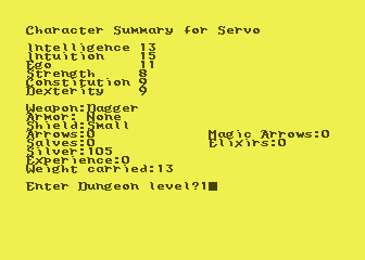 Dunjonquest: Temple of Apshai (Atari 8-bit) screenshot: I now have a character; ready to enter the dungeon?