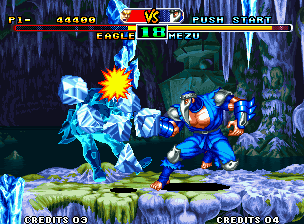 Savage Reign (Neo Geo) screenshot: Eagle tries to start a counterattack in Mezu... but he's suddenly hit-stopped by a pestering icicle.