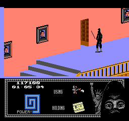 Last Ninja 2: Back with a Vengeance (NES) screenshot: Level 5, "The Mansion": No alarms.<br> The next task is to choose the right place to fall from the roof's window. This is the room next to the falling place.