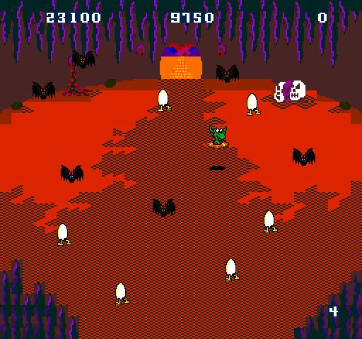 Wacko (Arcade) screenshot: Shot eggs hatch into bats inside the cave.