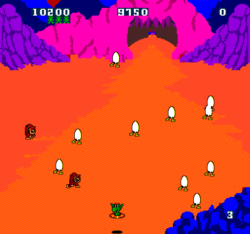 Wacko (Arcade) screenshot: Shot baby monsters become eggs with legs.