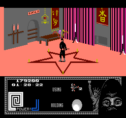 Last Ninja 2: Back with a Vengeance (NES) screenshot: Level 6, "The Final Battle": The evil spirit.<br> The evil spirit of <i>Kunitoki</i> was defeated and <i>Armakuni</i> received a special hat.