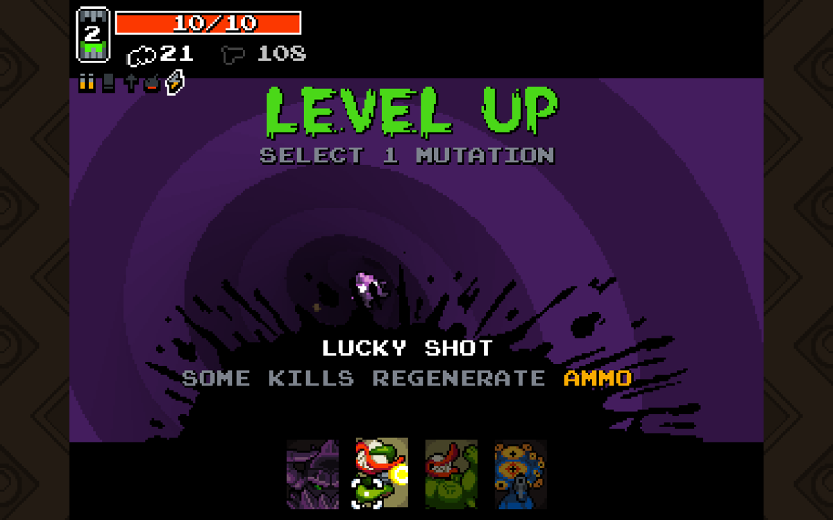 Nuclear Throne (Windows) screenshot: Select a mutation after leveling up.