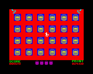Painter (ZX Spectrum) screenshot: Level 2: Level is complete.<br> All pots were surrounded with spray paint.