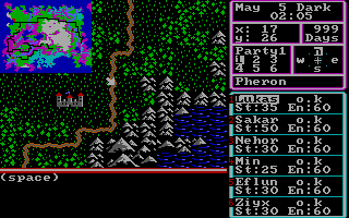 The Magic Candle: Volume 1 (DOS) screenshot: Walking around at night (note the mini-map)