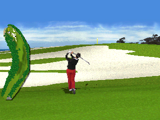 PGA Tour 96 (PlayStation) screenshot: Playing onto the green<br>In contrast to later games there is no sound while on the course, no birds sing, no planes roar overhead, no crowd murmuring etc
