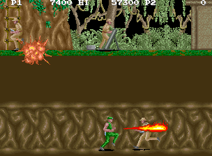 M.I.A.: Missing in Action (Arcade) screenshot: In some stages you can also go underground for bonus weapons and hidden passages. Here's flamethrower