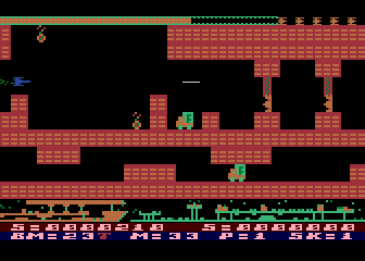 Airstrike II (Atari 8-bit) screenshot: Shoot out the destructible parts of the walls