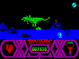 Thanatos (ZX Spectrum) screenshot: A volcano erupting and an arrow. Turning over to avoid being hurt.