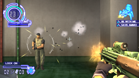 Ghost in the Shell: Stand Alone Complex (PSP) screenshot: Firing at the enemy.