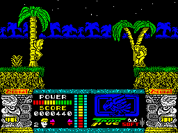 Jungle Warrior (ZX Spectrum) screenshot: The girl of our hero, tied on the other side of the cliff.