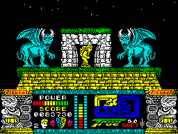 Jungle Warrior (ZX Spectrum) screenshot: Entrance to the ancient temple. I do not know who is on each side, but they look alarmingly.