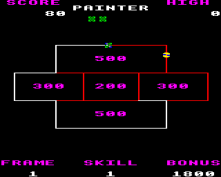 Painter (BBC Micro) screenshot: Frame 1: Painting in process.<br> Every area has to be surrounded (painted). At the beginning enemies are really dumb...