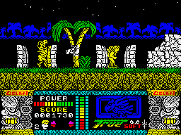 Jungle Warrior (ZX Spectrum) screenshot: Twin stones indicate the doors to other locations.