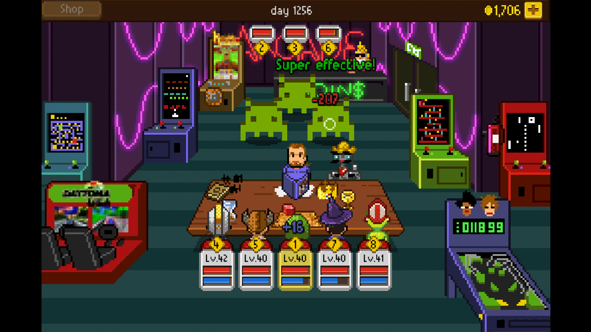 Knights of Pen & Paper + 1 Edition (Android) screenshot: Fighting Space invaders in the arcade - that's fitting