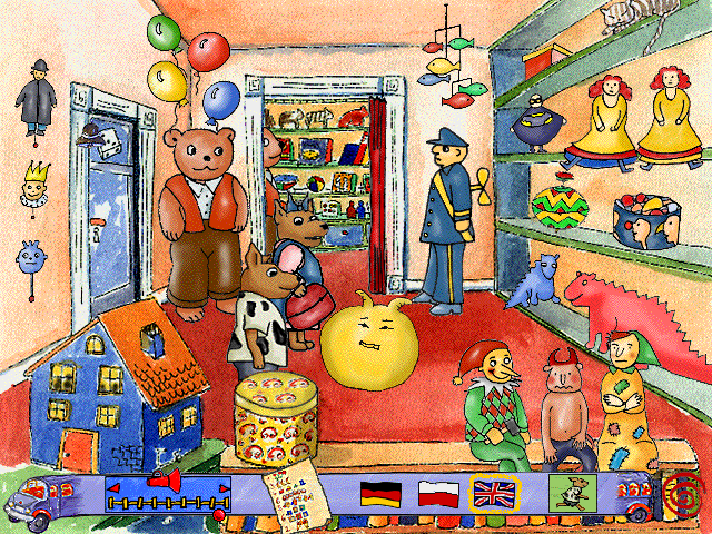 Max and Marie Go Shopping (Windows 3.x) screenshot: The toy shop. Click the hop ball to trigger a funny animation.