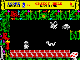 Doomskulle (ZX Spectrum) screenshot: "Monochrome" mode. All monsters are white. Nothing else has changed.