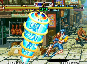 Savage Reign (Neo Geo) screenshot: Chung performing the Backstep command to jump-avoid Nicola's Shoryuken-based-attack Galvanic Smash.
