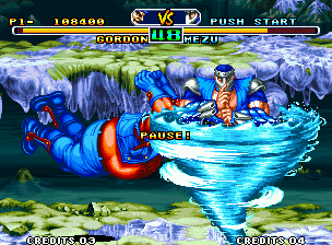 Savage Reign (Neo Geo) screenshot: Attempting to stop Mezu's tornado-based move Mudoh SuiryuuHa, Gordon uses his Friction Heater move.