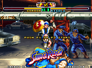 Savage Reign (Neo Geo) screenshot: Demonstration match instant where Nicola hit-damages Gordon through a row of jumping-based hits...