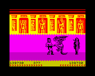 Fighting Warrior (ZX Spectrum) screenshot: The battle begins. The winged beast is going to blow the courageous warrior with a powerful kick.