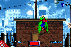 Spider-Man (Game Boy Advance) screenshot: First boss fight. Spider-Man isn't doing so well.