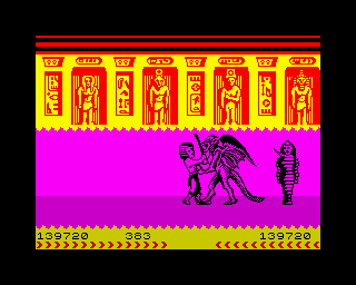 Fighting Warrior (ZX Spectrum) screenshot: The Temple: The Evil Pharaoh.<br> You have meet your nemesis at last. Finally you understand that the <i>Evil Pharaoh</i> has many forms to manifest himself.