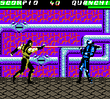 Mortal Kombat 4 (Game Boy Color) screenshot: Scorpion's harpoon catches its next victim: Quan-Chi!