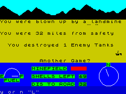 3D Desert Patrol (ZX Spectrum) screenshot: The player's tank is destroyed by a landmine