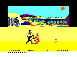 Fighting Warrior (Amstrad CPC) screenshot: (our hero is being a little harsh because they are going to sacrifice <i>Thaya</i>.)<br> - Get out of my way, miraged one... no one shall block me from saving my love...