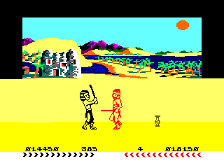 Fighting Warrior (Amstrad CPC) screenshot: Your reflection:<br> This is a strong foe which uses different combinations of blows.<br> - Hail inverted one!