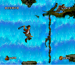 Pitfall: The Mayan Adventure (SNES) screenshot: Attacking a monkey